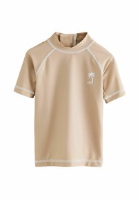 Beige színű, rövid ujjú rash guard magas gallérral, fehér varrással és egy kis pálmafával a bal mellkas részén. Simává nyújtható anyag.