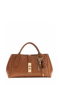 Sac à main en cuir marron à la forme structurée, avec des poignées courtes, des ferrures dorées et des accents de porte-clés. Présente une plaque de logo à l'avant et une finition texturée.