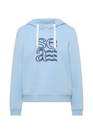 Světle modrá mikina s kapucí a předním potiskem "sea" v tmavě modré barvě, vybavená kontrastními stahovacími šňůrkami a žebrovaným lemem.