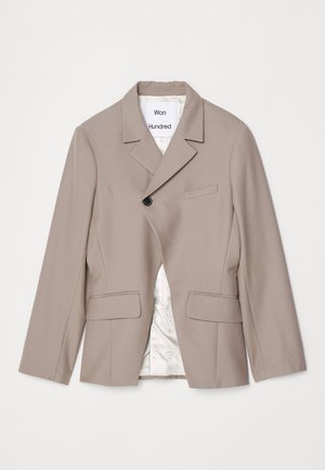 Light brown blazer with a tailored fit, single button closure, notched lapels, two front pockets, and a satin-like inner lining.