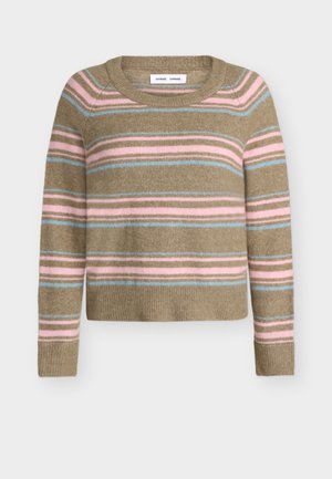 Πουλόβερ με μακριά μανίκια και στρογγυλή λαιμόκοψη με οριζόντιες ρίγες σε μπεζ, ροζ και ανοιχτό μπλε, με ριμπ τελείωμα και μανσέτες.