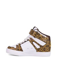 Sneakers alte con puntale in pelle bianca e tomaia marrone e oro a motivo, con cinturino in Velcro e suola in gomma bianca.