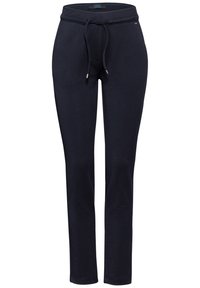 Marineblauwe sweatpants van een zachte katoenmix, met een tailleband met trekkoord, taps toelopende benen en subtiele zijzakken.