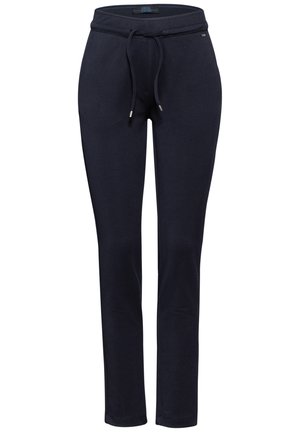 Pantalons de survêtement bleu marine en mélange de coton doux, dotés d'une taille élastique avec cordon de serrage, de jambes fuselées et de poches latérales discrètes.