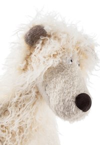 White plush teddy bear with curly fur, round black nose, and embroidered eyes. Features soft beige accents on ears and muzzle.
