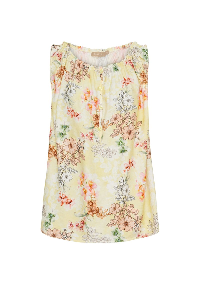 Blomstret top i gul stof med flerfarvede blomster mønstre, samlet halsudskæring og frontknaplukning. Blød tekstur.