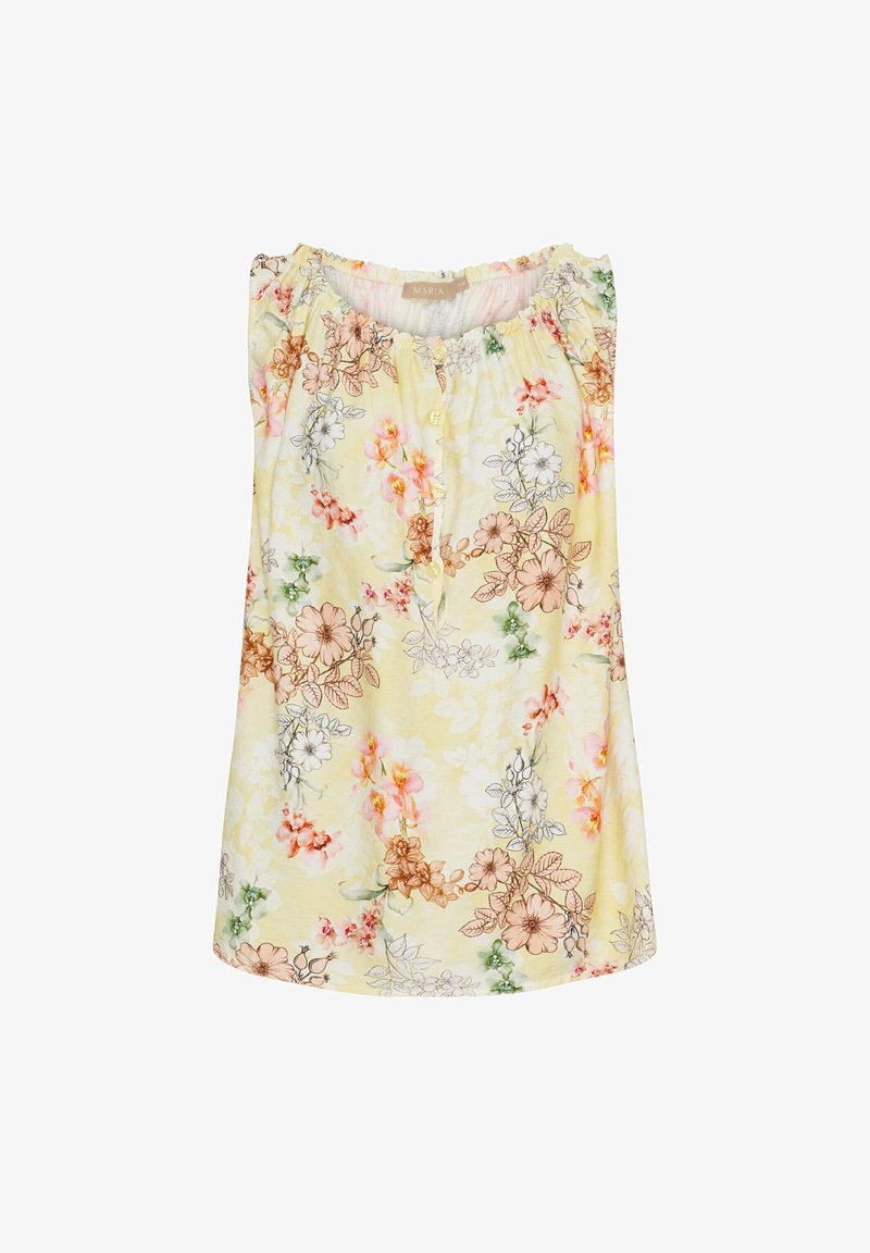 Blomstret top i gul stof med flerfarvede blomster mønstre, samlet halsudskæring og frontknaplukning. Blød tekstur.