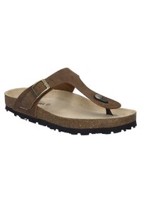 Ruskea nahkainen flip-flop sandaali, jossa on texturoitu korkkipohja, musta kumipohja ja metallinen säädettävä solki.