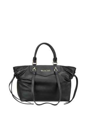 Sac à main en cuir noir Valentino avec deux poignées supérieures, une bandoulière amovible et un logo de marque doré au centre devant.