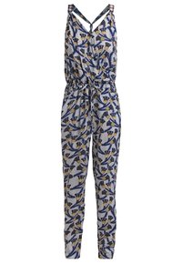 Combinaison sans manches avec motif floral bleu et jaune, col en V, taille élastique et bretelles croisées dans le dos.