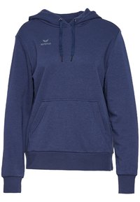 Marineblaues Sweatshirt mit strukturiertem Design, featuring eine Fronttasche, Kapuze mit Kordelzug und einem kleinen Logo auf der Brust. Material aus Baumwollmischung.