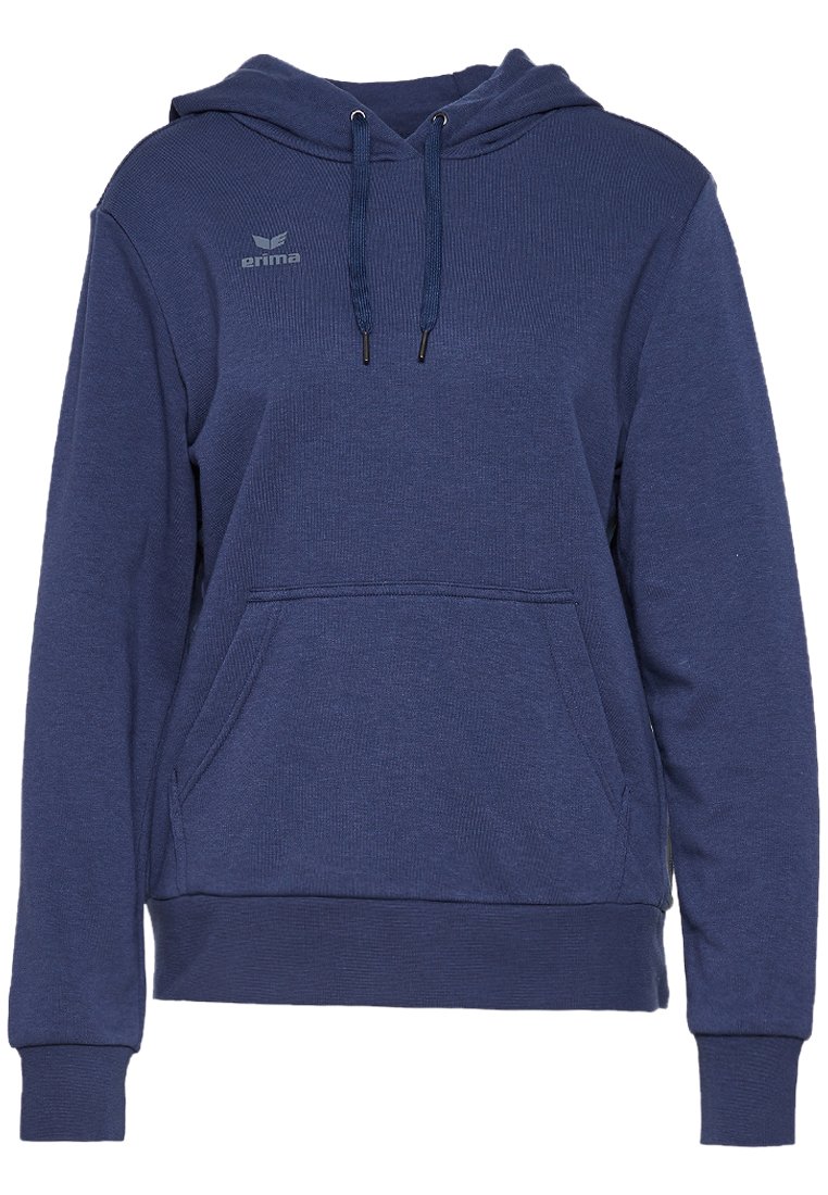 Marineblaues Sweatshirt mit strukturiertem Design, featuring eine Fronttasche, Kapuze mit Kordelzug und einem kleinen Logo auf der Brust. Material aus Baumwollmischung.