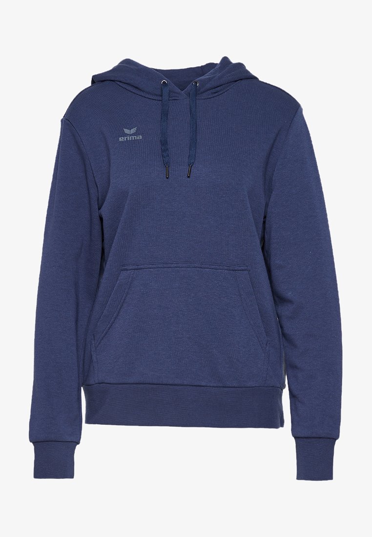 Felpa blu navy con un design testurizzato, dotata di tasca frontale, cappuccio con coulisse e un piccolo logo sul petto. Materiale misto cotone.