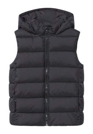 Veste noire matelassée sans manches avec fermeture éclair sur le devant et capuche intégrée, conçue pour la chaleur et une utilisation en extérieur.