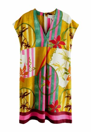 Robe sans manches à col en V avec des motifs floraux tropicaux et des feuilles de palmier vibrants en jaune, rose, vert, orange et blanc.