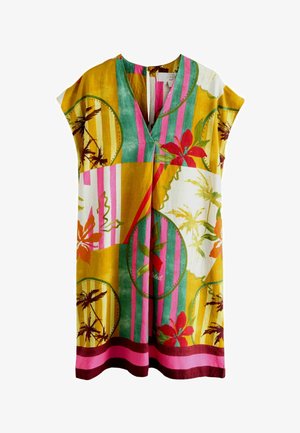 Robe sans manches à col en V avec des motifs floraux tropicaux et des feuilles de palmier vibrants en jaune, rose, vert, orange et blanc.