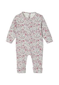 Langärmliger Jumpsuit mit Blumenmuster in Weiß mit rosa und grauen Blumen. Verfügt über einen Rundhalsausschnitt und umgeschlagene Bündchen an den Knöcheln.