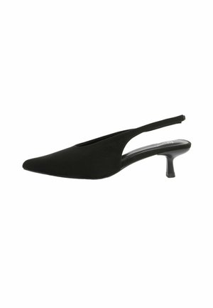 Čierna lodička na vysokom podpätku so špičatou špičkou, vyrobená z mäkkej semišovej látky, s výrezovým dizajnom a úzkym štvorcovým podpätkom.