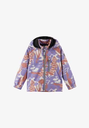 Veste à capuche pour enfants avec motif abstrait de forêt violet, beige et marron, fermeture éclair frontale, poche poitrine zippée et poignets élastiques.