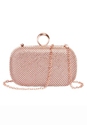 Kultasävyinen clutch-laukku, jossa on pyöristetty yläosa, päällystetty pienillä strasseilla. Varustettu pyöreällä kahvalla ja irrotettavalla ketjusangalla.