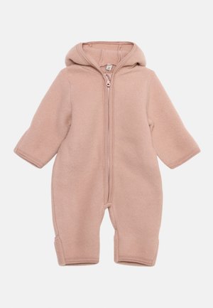 Soft pink baby onesie with long sleeves, hood, and front zipper, made from a warm, fleece-like fabric.