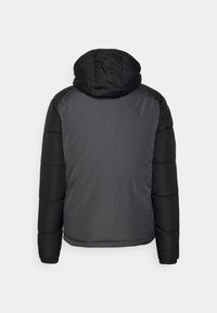 Czarna i ciemnoszara pikowana kurtka z kapturem, widziana od tyłu, z długimi rękawami i lekko zaokrąglonym dołem.