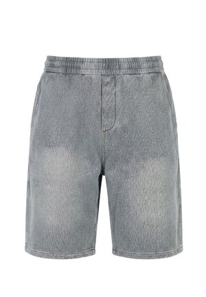 Shorts en jean gris avec une ceinture élastique et des poches latérales, présentés sur un fond blanc.