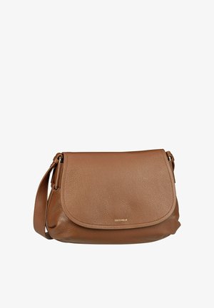 Brown leather shoulder bag with a textured finish, flap closure, and adjustable strap. Features a subtle logo on the front.
