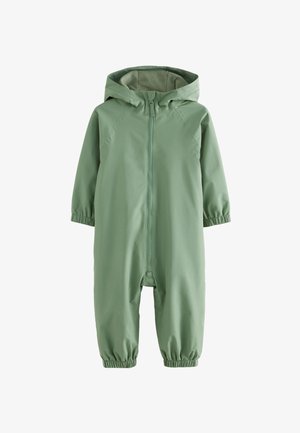 Šviesiai žalias vandeniui atsparus kūdikių kombinezonas su gaubtu, priekiniu užtrauktuku, elastinėmis rankogaliais rankovėse ir kulkšnėse bei vilnos pamušalu viduje.