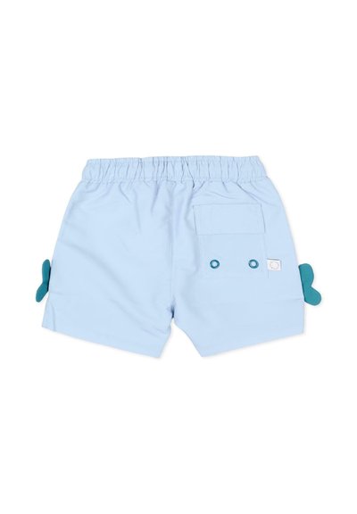 Pantaloncini azzurri per bambini piccoli con vita elastica, tasca posteriore con due dettagli a bottone turchese e inserti in tessuto turchese sui lati.