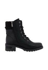 Bottine noire avec un col en tissu texturé, un laçage sur le devant, une fermeture éclair sur le côté et une semelle en caoutchouc robuste. Tige en cuir lisse avec des coutures discrètes.
