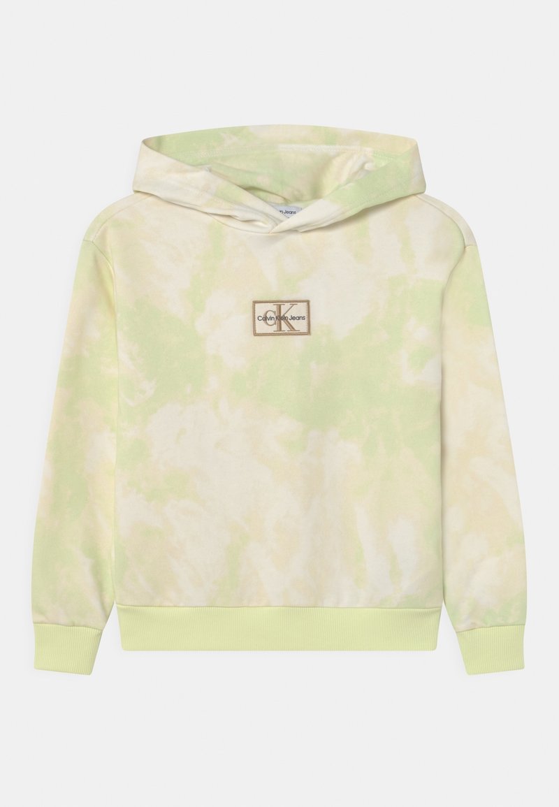 Sweat à capuche tie-dye vert clair et beige avec logo patch avant portant l'inscription "Calvin Klein Jeans" et poignets et ourlet côtelés.
