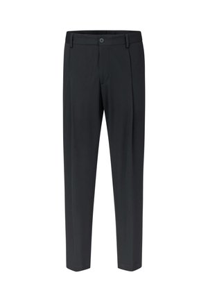 Schwarze formelle gerade Hose mit Frontknopf und Gürtelschlaufen, vor weißem Hintergrund gezeigt.