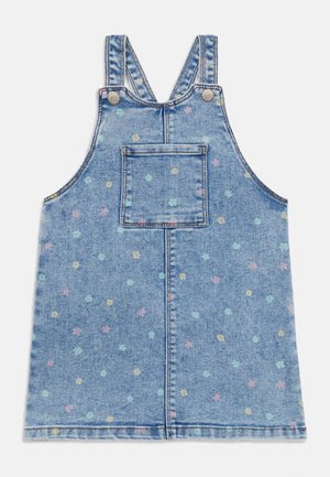 Blå denim-skjortekjole med pastel multifarvet blomsterprint, forlommer og justerbare stropper med metalknapper.