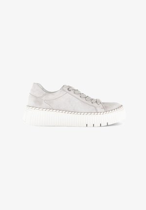 Light gray suede sneakers with rounded toe, lace-up closure, and a thick white platform sole featuring ribbed texture and decorative stitching.