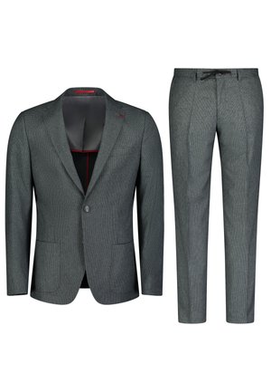 Grau gemusteter Anzug mit einem Zwei-Knopf-Blazer mit Reverskragen und zwei vorderen Taschen, kombiniert mit schmal geschnittenen Hosen und einem Gummizugbund.
