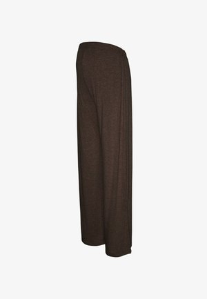Pantalon large marron foncé à taille élastique, ample, montré de profil sur fond blanc.