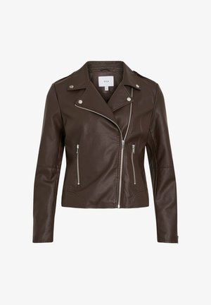 Brown faux leather biker jacket with a fitted design, zippered pockets, and silver hardware accents. Notable asymmetrical front zipper.