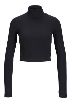Zwart geribd crop top met lange mouwen, een hoge coltrui en een aansluitende pasvorm.