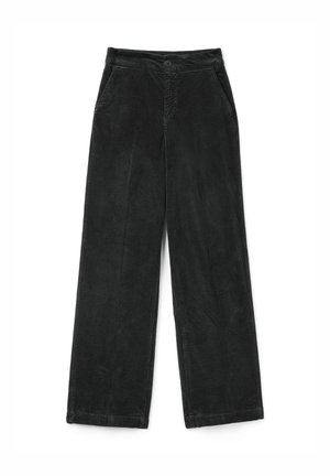 Pantaloni in corduroy neri a gamba larga con tasche frontali, chiusura con bottone e vita alta.