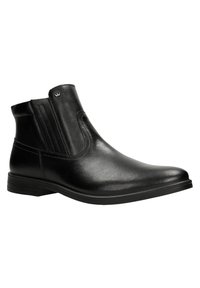 Czarne skórzane botki za kostkę z elastycznymi panelami bocznymi, okrągłym noskiem i strukturalnym wykończeniem. Posiadają niską, blokową podeszwę dla stabilności.