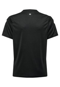 Svart kortärmad T-shirt, tillverkad av mjukt tyg. Har rund halsringning och en enkel design med en liten logotyp på den övre ryggen.