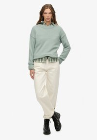 Vrouw in een lichtblauwe trui over een groen geruit overhemd, met off-witte broek en zwarte veterschoenen, staand tegen een witte achtergrond.