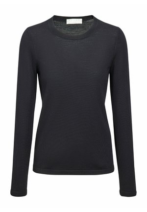 Maglione nero a maniche lunghe con scollatura rotonda e texture a coste. Tessuto liscio con una leggera lucentezza, design aderente e senza hardware visibile.