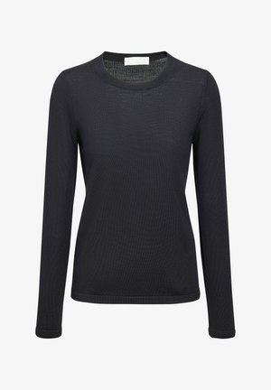 Zwarte lange mouwen trui met een ronde hals en geribbelde textuur. Glad stof met een subtiele glans, aansluitend ontwerp en geen zichtbare metalen details.