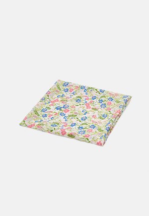 Square folded handkerchief with a white background and a floral pattern of pink, blue flowers, and green leaves.