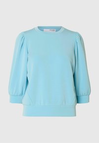 Sudadera azul claro con cuello redondo, mangas abullonadas y puños elásticos. Presenta una textura suave y un corte ligeramente relajado.