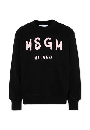 Sweat-shirt noir à manches longues avec texte rose "MSGM" au-dessus d'un plus petit texte "MILANO" sur le devant, doté de poignets et d'un ourlet côtelés.