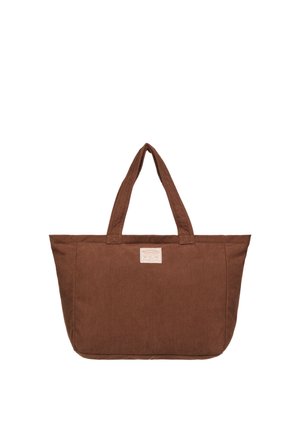 Borsa tote in velluto a coste marrone con due manici e una piccola etichetta bianca rettangolare al centro davanti.