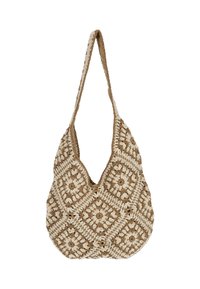 Gehaakte schoudertas met een diamantpatroon in beige en crèmekleuren, voorzien van een enkele schouderband en een gestructureerde afwerking.